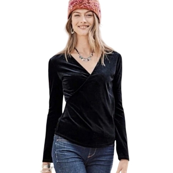 Sundance Black Velvet Faux Wrap Surplice Long Sleeve Top Womens Large - Picture 4 of 9